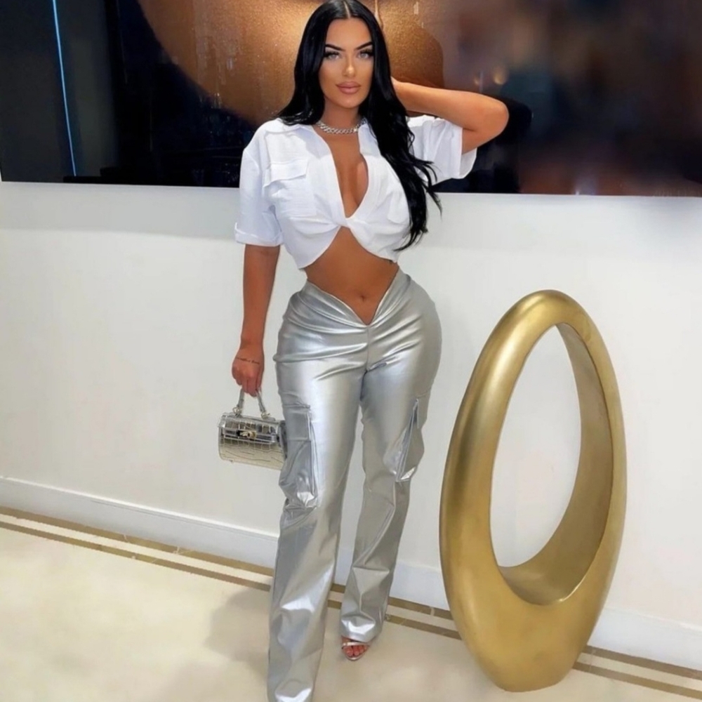 Silver faux leather cargo pants